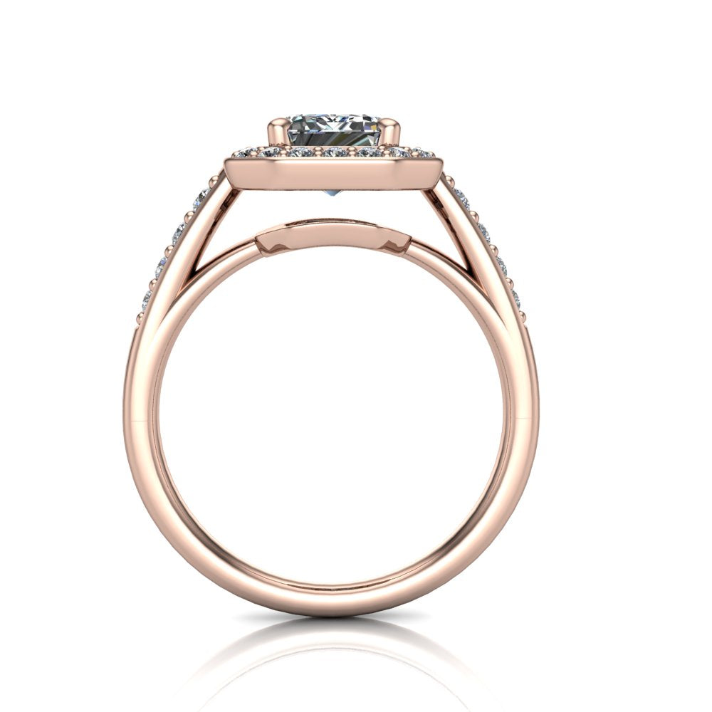 Leia emerald halo engagement ring in 18K Rose Gold, through-finger front profile showing the cathedral gallery beneath the halo
