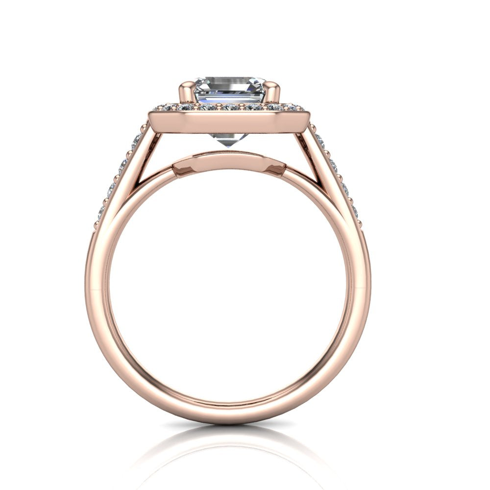 Leia square emerald halo engagement ring in 18K Rose Gold, through-finger front profile showing the cathedral gallery beneath the halo