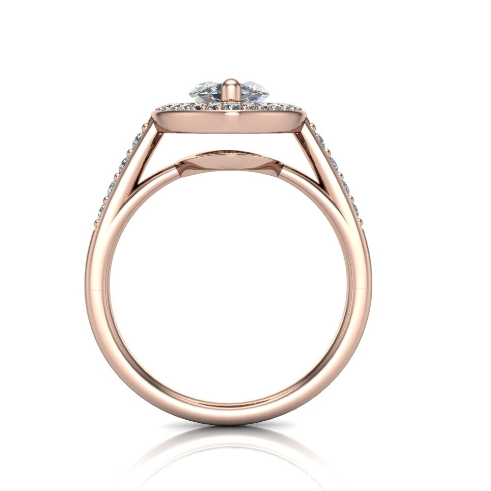 Leia marquise halo engagement ring in 18K Rose Gold, through-finger front profile showing the cathedral gallery beneath the halo