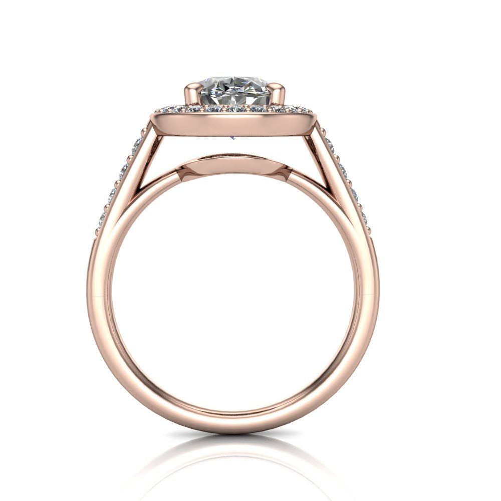 Leia oval halo engagement ring in 18K Rose Gold, through-finger front profile showing the cathedral gallery beneath the halo