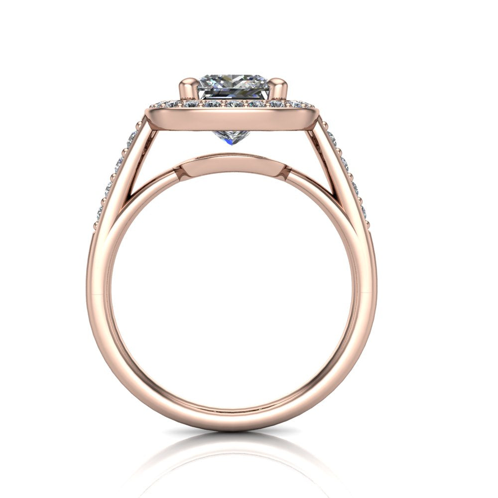 Leia princess halo engagement ring in 18K Rose Gold, through-finger front profile showing the cathedral gallery beneath the halo