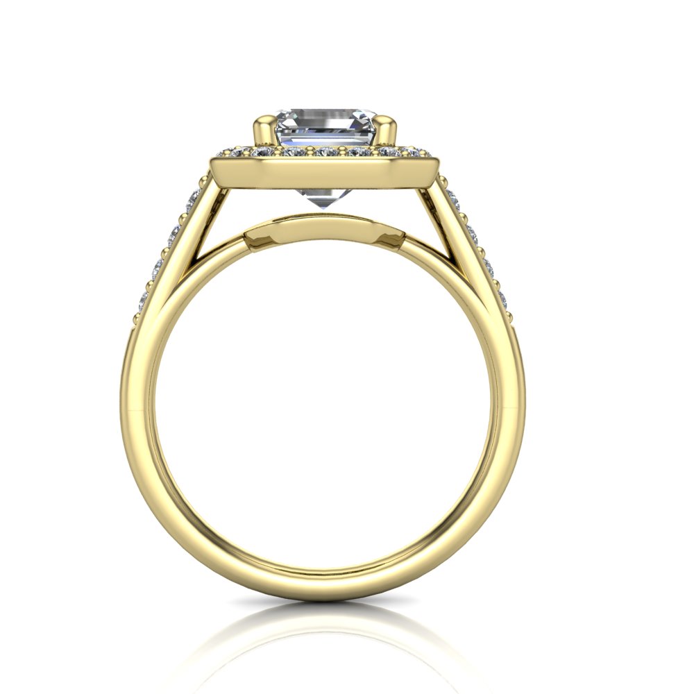 Leia square emerald halo engagement ring in 18K Yellow Gold, through-finger front profile showing the cathedral gallery beneath the halo