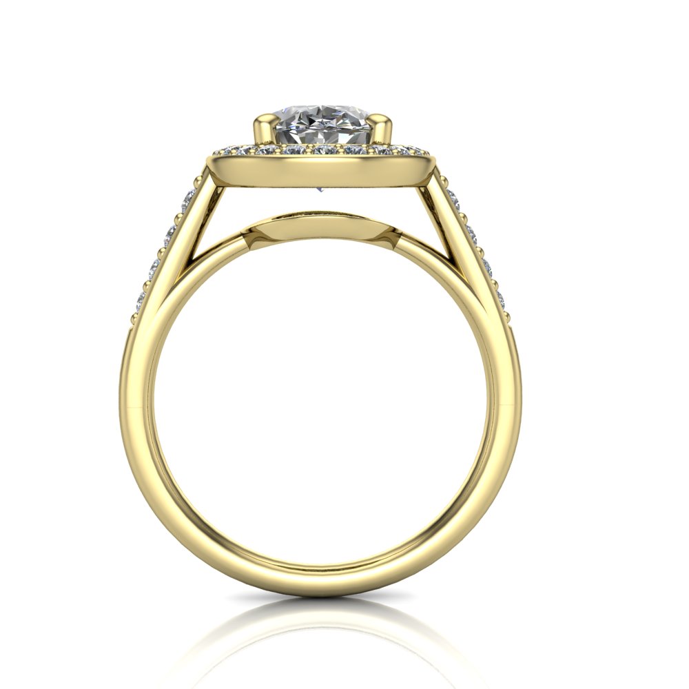 Leia oval halo engagement ring in 18K Yellow Gold, through-finger front profile showing the cathedral gallery beneath the halo