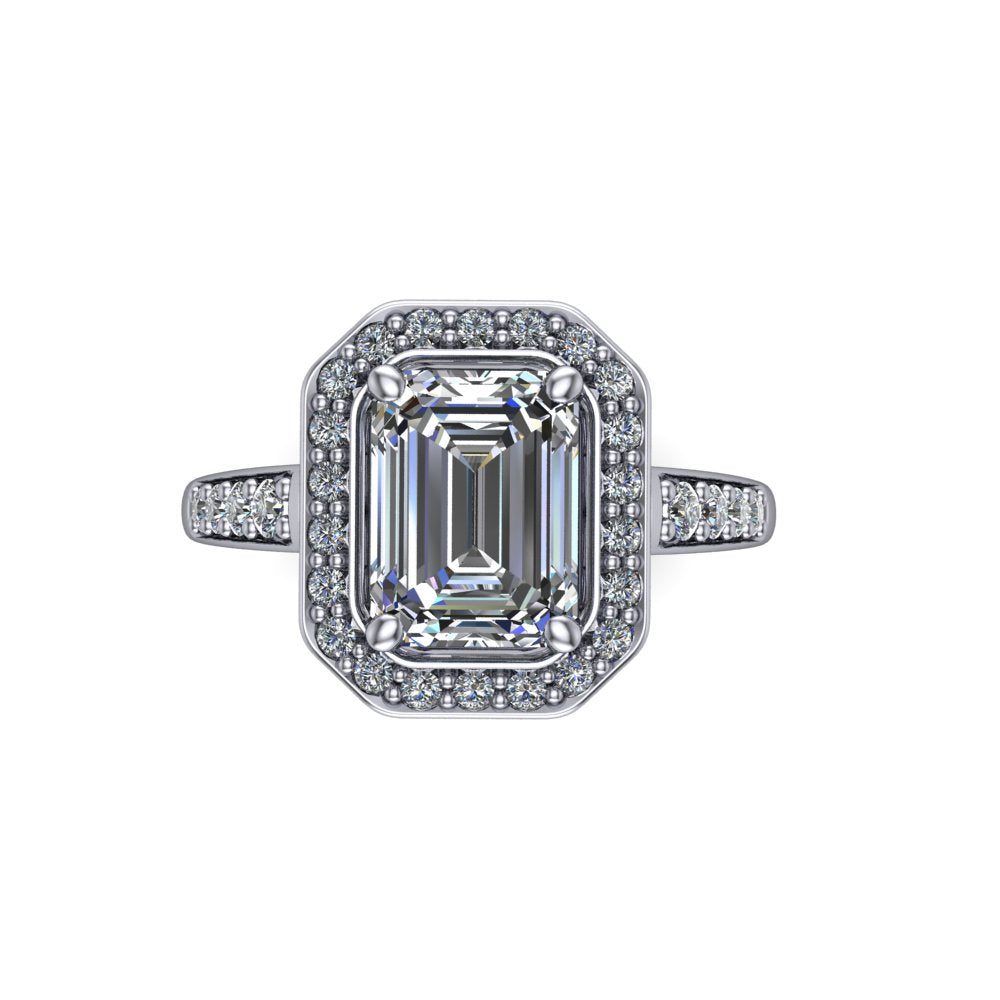 Leia emerald halo engagement ring in Platinum, top-down view showing the step-cut emerald center diamond framed by the full diamond halo