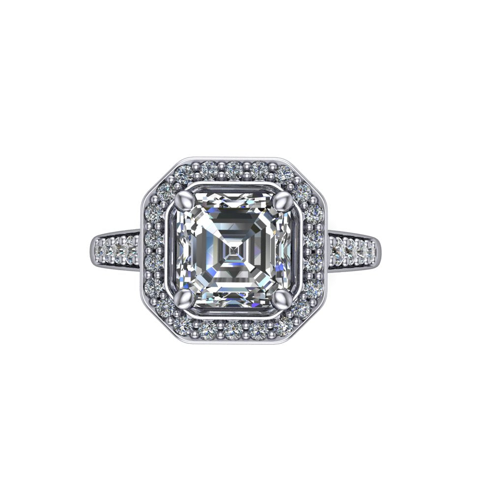 Leia square emerald halo engagement ring in 18K White Gold, top-down view showing the step-cut square emerald center diamond framed by the full diamond halo