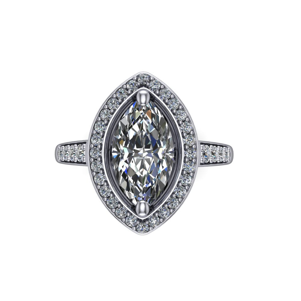 Leia marquise halo engagement ring in 18K White Gold, top-down view showing the brilliant marquise-cut center diamond framed by the full diamond halo
