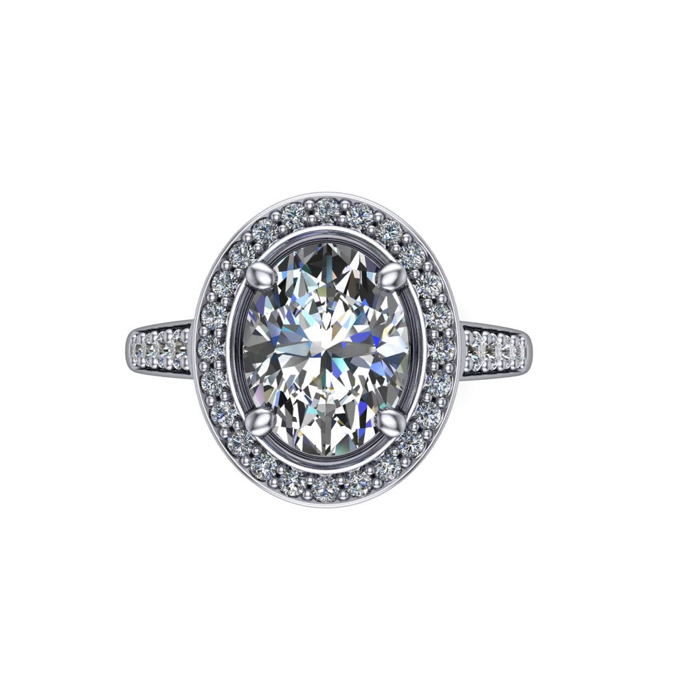 Leia oval halo engagement ring in 18K White Gold, top-down view showing the brilliant oval-cut center diamond framed by the full diamond halo