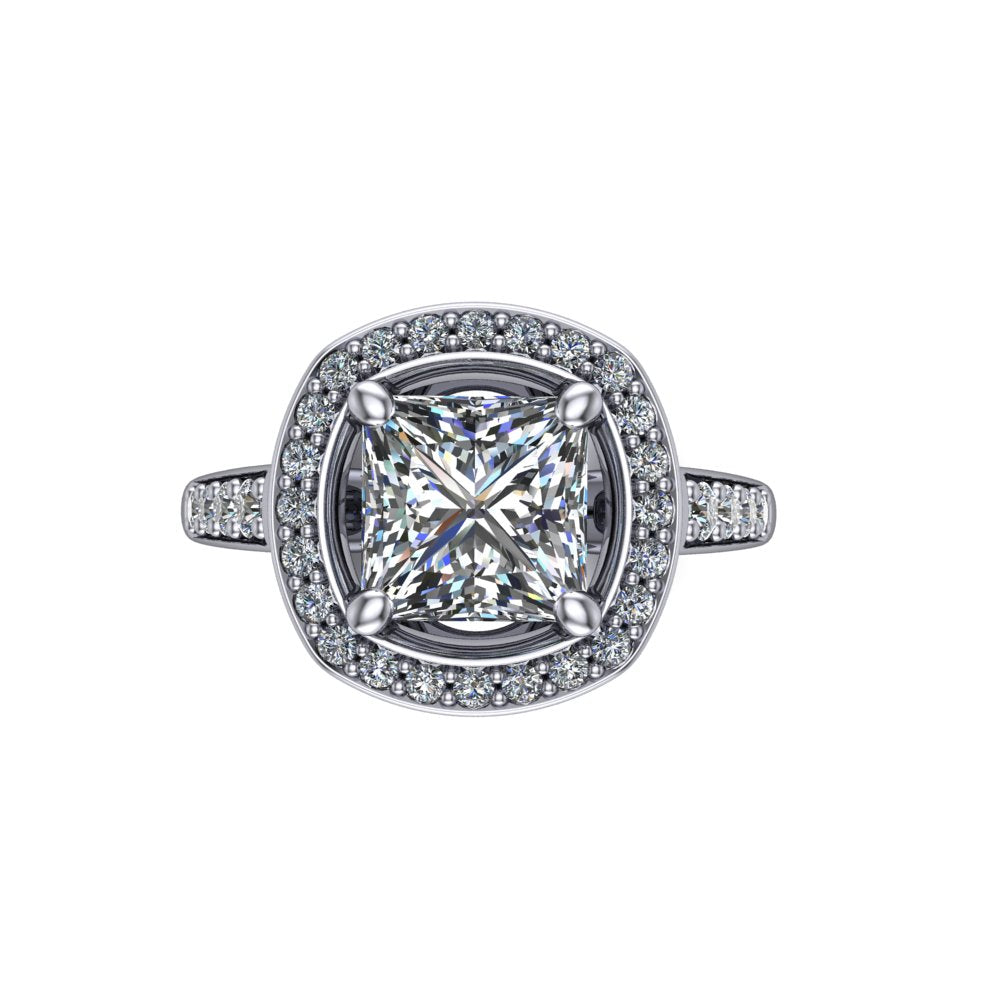 Leia princess halo engagement ring in 18K White Gold, top-down view showing the brilliant princess-cut center diamond framed by the full diamond halo