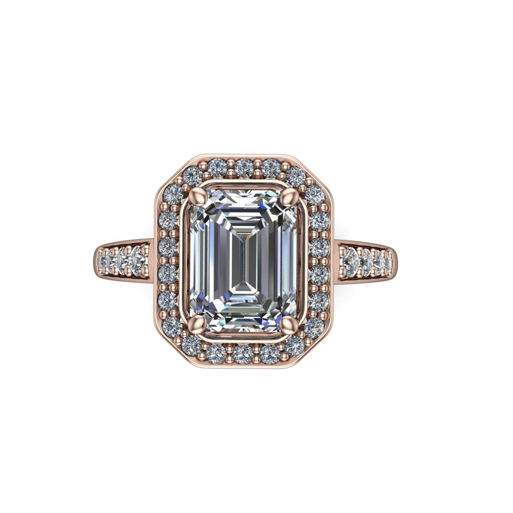 Leia emerald halo engagement ring in 18K Rose Gold, top-down view showing the step-cut emerald center diamond framed by the full diamond halo
