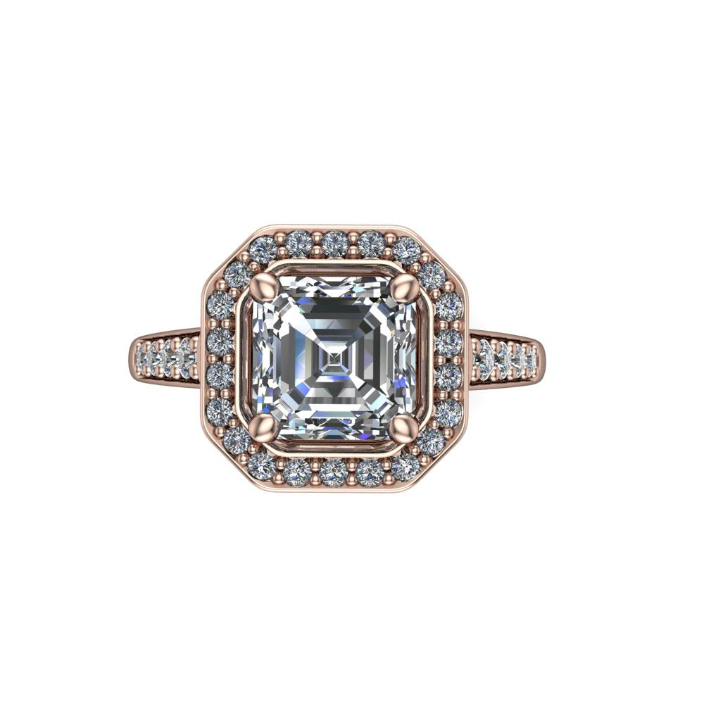 Leia square emerald halo engagement ring in 18K Rose Gold, top-down view showing the step-cut square emerald center diamond framed by the full diamond halo