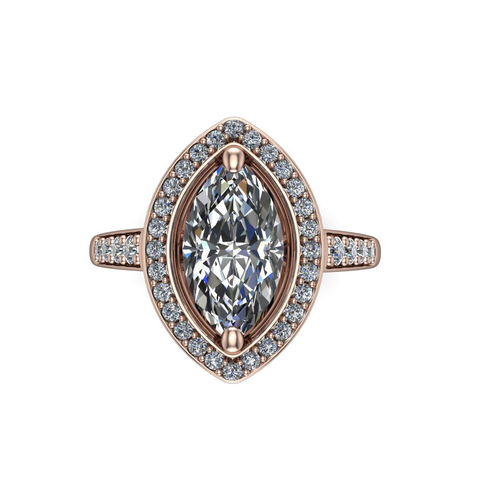 Leia marquise halo engagement ring in 18K Rose Gold, top-down view showing the brilliant marquise-cut center diamond framed by the full diamond halo