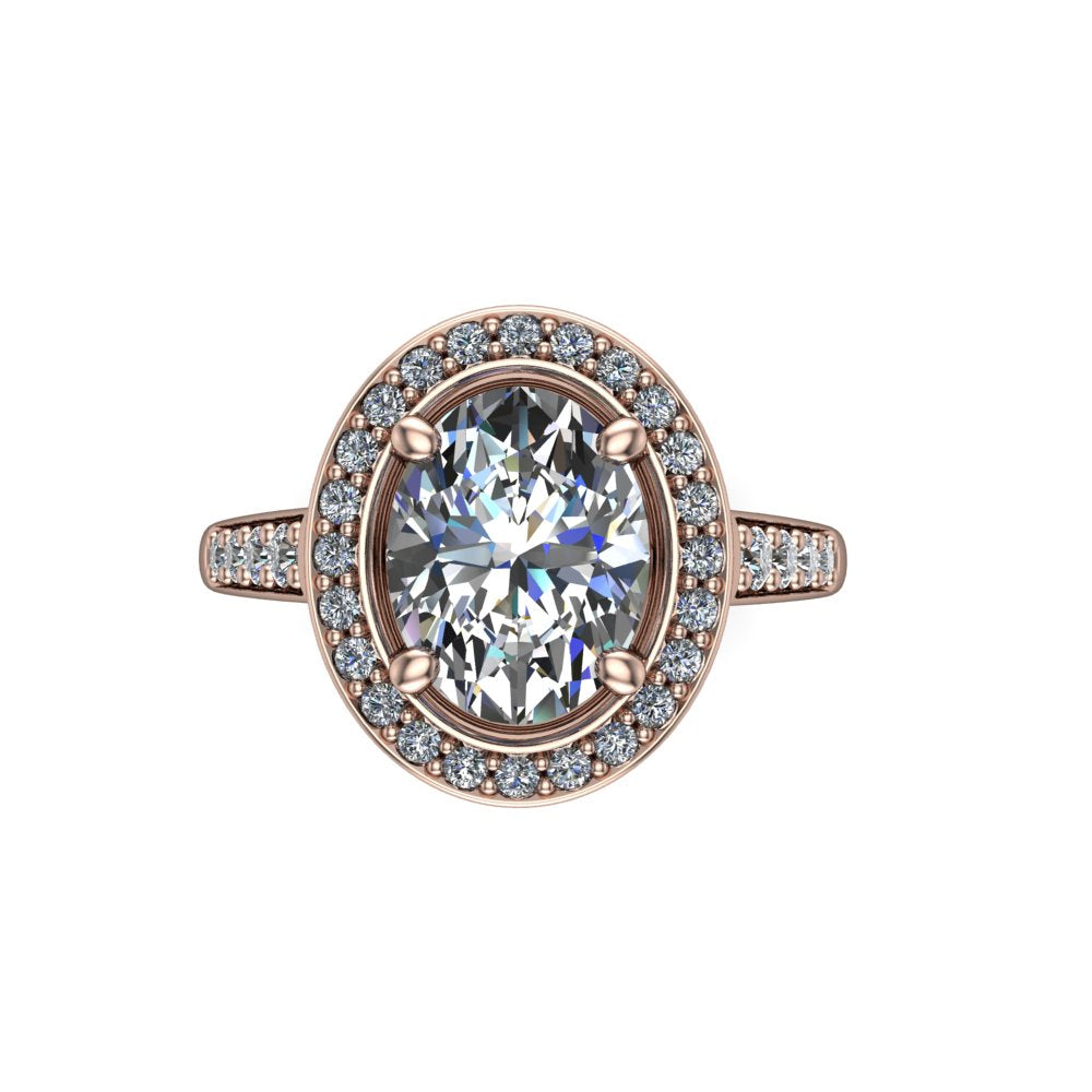 Leia oval halo engagement ring in 18K Rose Gold, top-down view showing the brilliant oval-cut center diamond framed by the full diamond halo