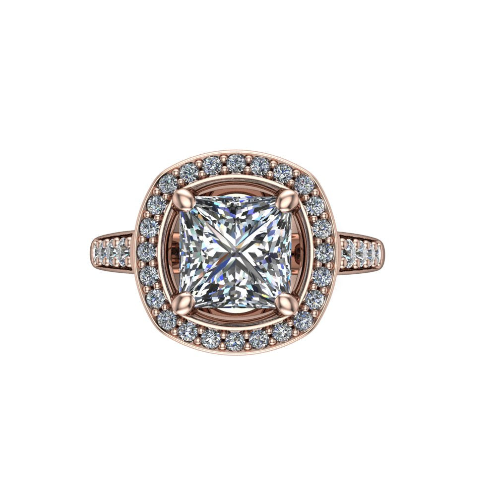 Leia princess halo engagement ring in 18K Rose Gold, top-down view showing the brilliant princess-cut center diamond framed by the full diamond halo