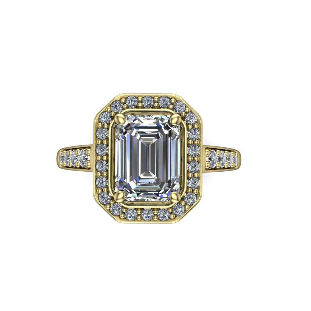 Leia emerald halo engagement ring in 18K Yellow Gold, top-down view showing the step-cut emerald center diamond framed by the full diamond halo