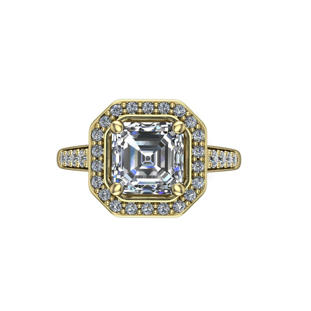 Leia square emerald halo engagement ring in 18K Yellow Gold, top-down view showing the step-cut square emerald center diamond framed by the full diamond halo