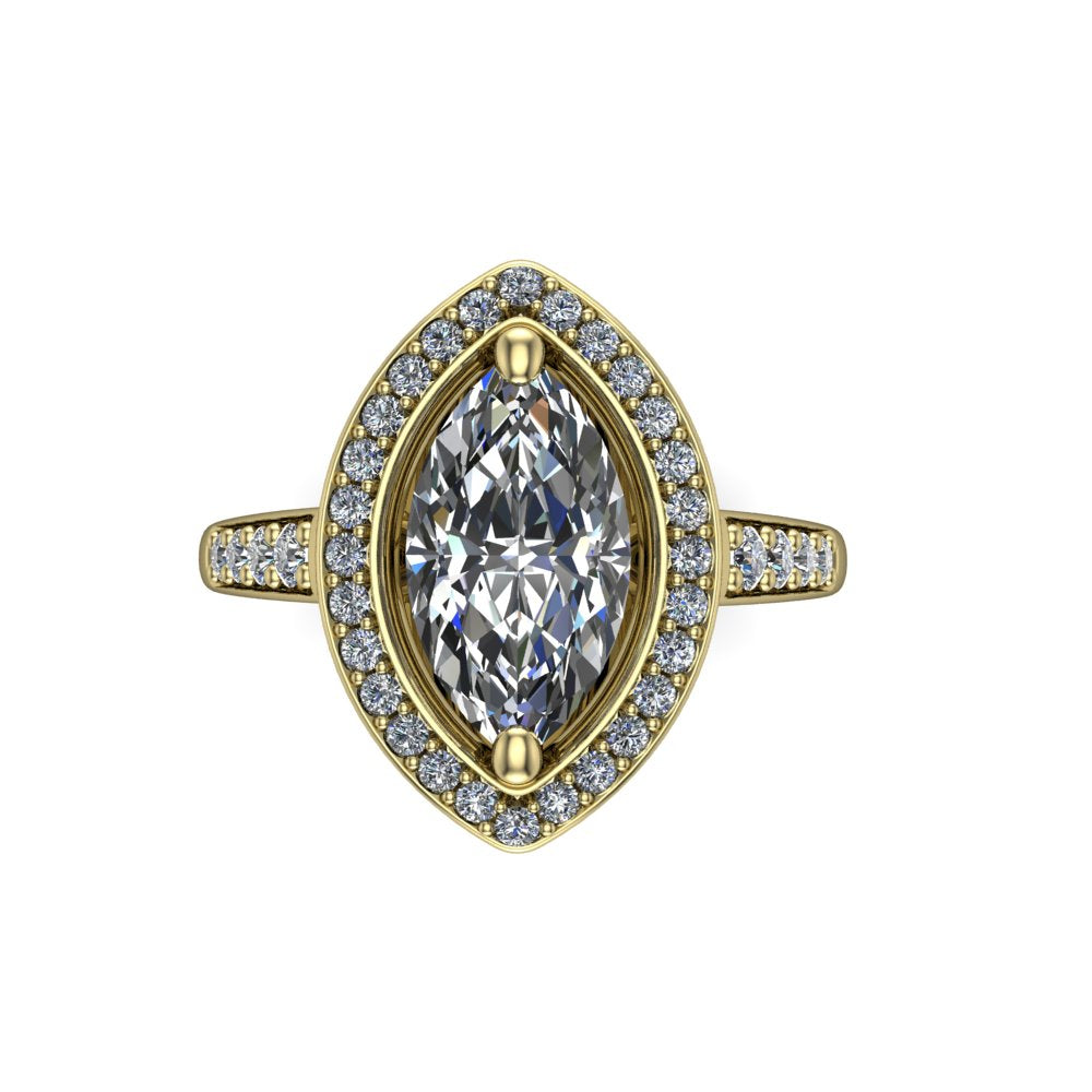 Leia marquise halo engagement ring in 18K Yellow Gold, top-down view showing the brilliant marquise-cut center diamond framed by the full diamond halo