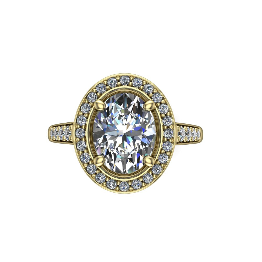 Leia oval halo engagement ring in 18K Yellow Gold, top-down view showing the brilliant oval-cut center diamond framed by the full diamond halo