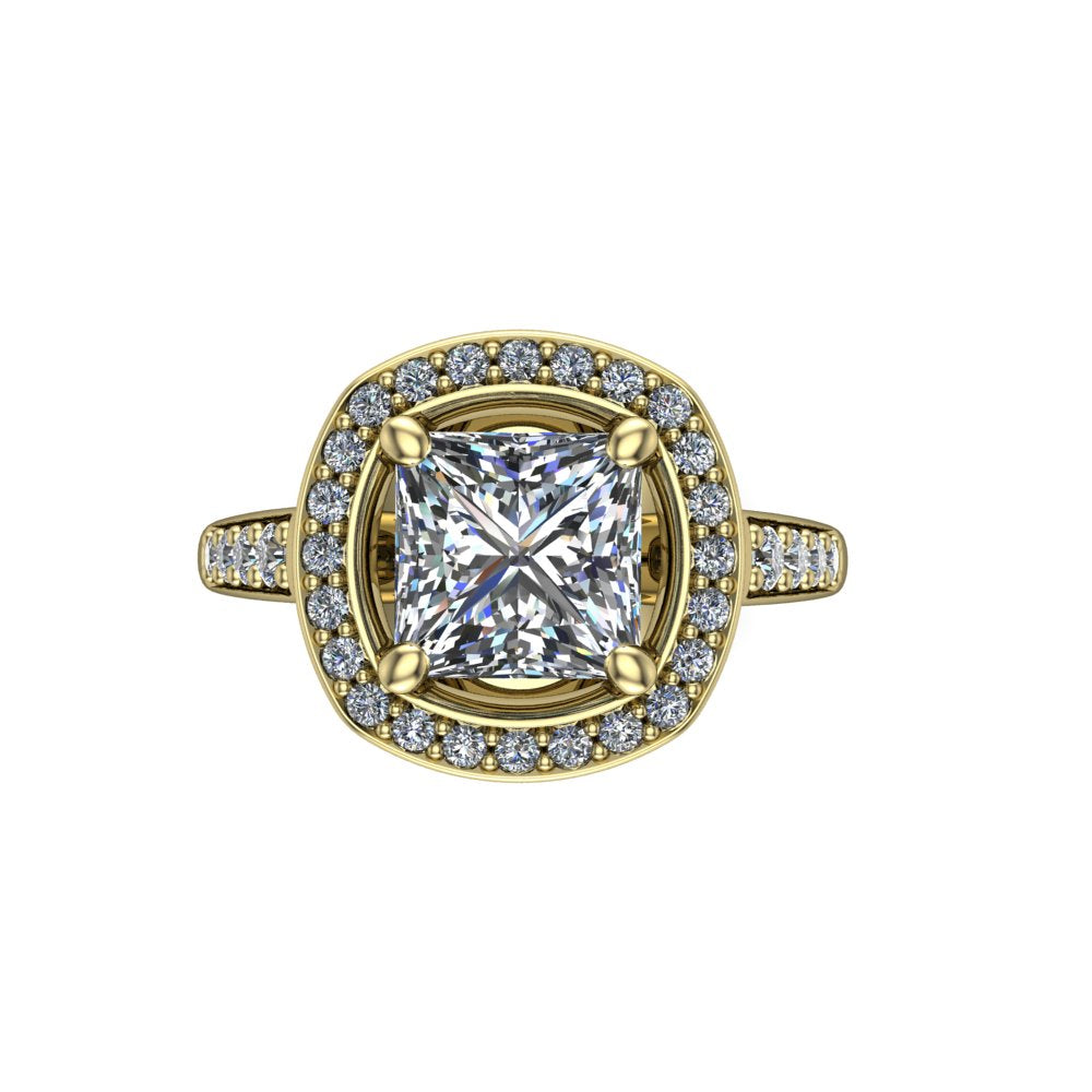 Leia princess halo engagement ring in 18K Yellow Gold, top-down view showing the brilliant princess-cut center diamond framed by the full diamond halo