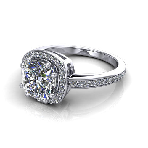 Skye cushion halo engagement ring in 14K White Gold, three-quarter perspective showing the haloed center raised above a pav&eacute; shank and pav&eacute;-lined basket