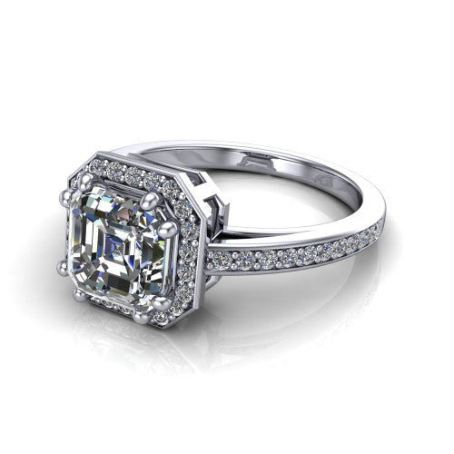 Skye asscher halo engagement ring in 18K White Gold, three-quarter perspective showing the haloed center raised above a pav&eacute; shank and pav&eacute;-lined basket
