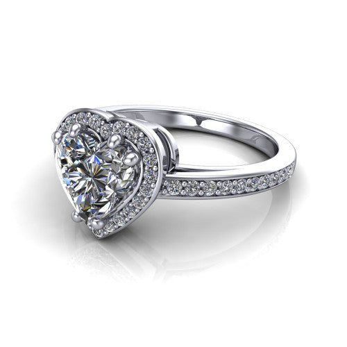 Skye heart halo engagement ring in 14K White Gold, three-quarter perspective showing the haloed center raised above a pav&eacute; shank and pav&eacute;-lined basket