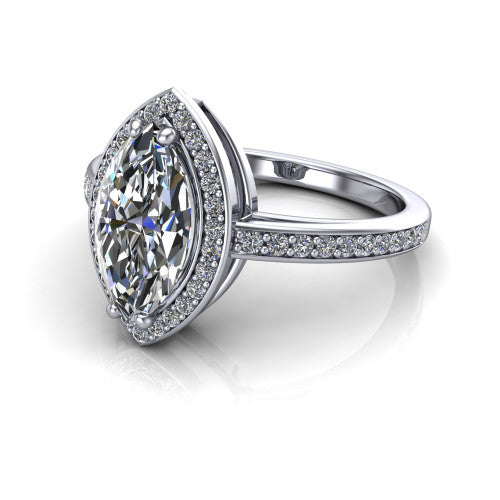 Skye marquise halo engagement ring in 18K White Gold, three-quarter perspective showing the haloed center raised above a pav&eacute; shank and pav&eacute;-lined basket