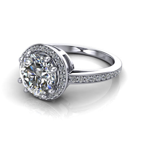 Skye round halo engagement ring in 14K White Gold, three-quarter perspective showing the haloed center raised above a pav&eacute; shank and pav&eacute;-lined basket