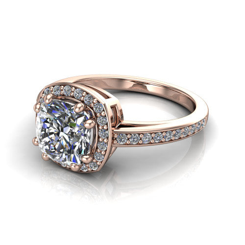 Skye cushion halo engagement ring in 14K Rose Gold, three-quarter perspective showing the haloed center raised above a pav&eacute; shank and pav&eacute;-lined basket