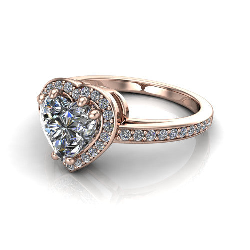 Skye heart halo engagement ring in 14K Rose Gold, three-quarter perspective showing the haloed center raised above a pav&eacute; shank and pav&eacute;-lined basket