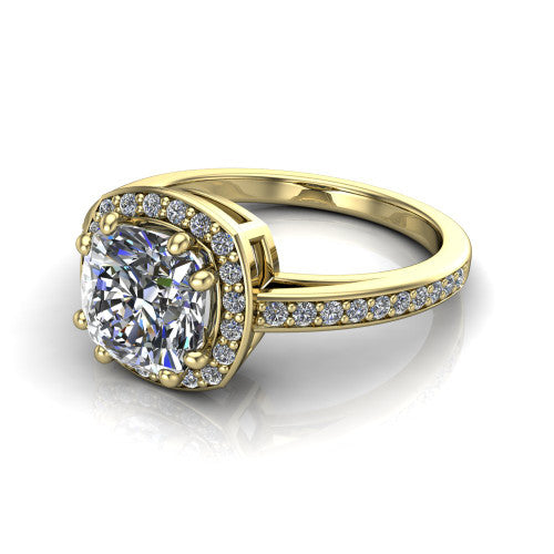 Skye cushion halo engagement ring in 18K Yellow Gold, three-quarter perspective showing the haloed center raised above a pav&eacute; shank and pav&eacute;-lined basket