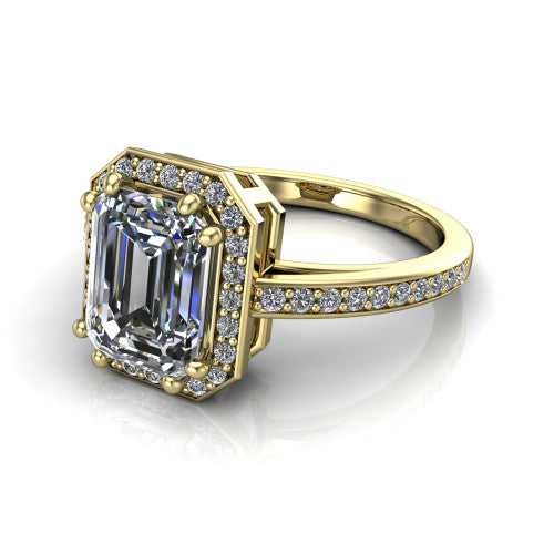 Skye emerald halo engagement ring in 14K Yellow Gold, three-quarter perspective showing the haloed center raised above a pav&eacute; shank and pav&eacute;-lined basket