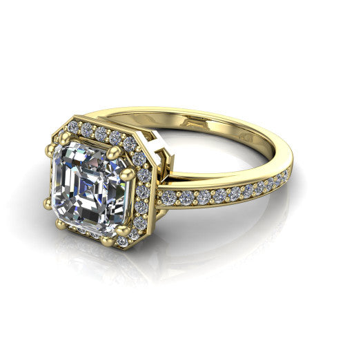 Skye asscher halo engagement ring in 18K Yellow Gold, three-quarter perspective showing the haloed center raised above a pav&eacute; shank and pav&eacute;-lined basket