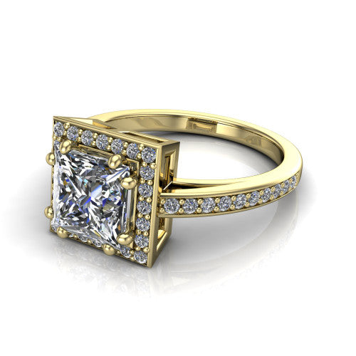 Skye princess halo engagement ring in 18K Yellow Gold, three-quarter perspective showing the haloed center raised above a pav&eacute; shank and pav&eacute;-lined basket