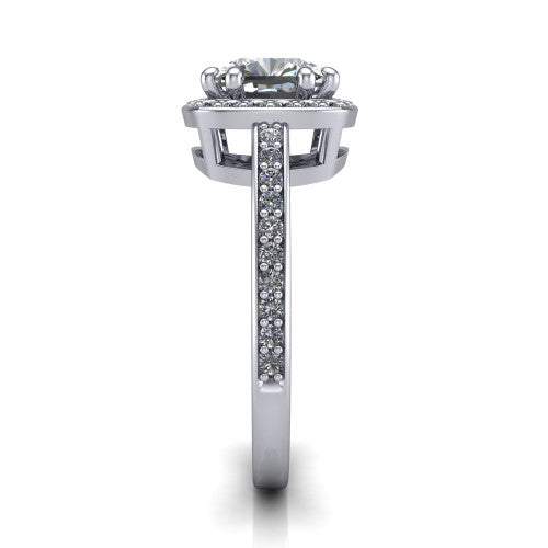 Skye cushion halo engagement ring in 14K White Gold, side profile showing the pav&eacute;-lined under-basket and the diamonds running down the shank
