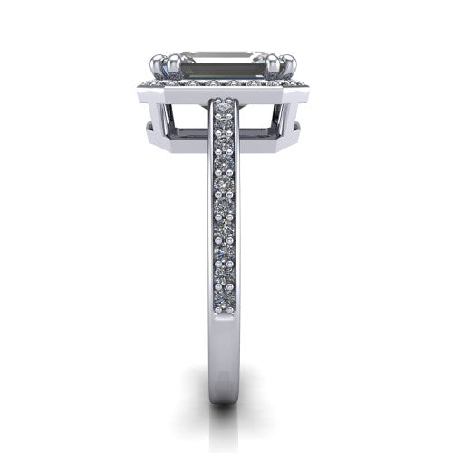 Skye emerald halo engagement ring in 18K White Gold, side profile showing the pav&eacute;-lined under-basket and the diamonds running down the shank