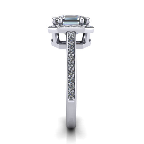 Skye asscher halo engagement ring in Platinum, side profile showing the pav&eacute;-lined under-basket and the diamonds running down the shank