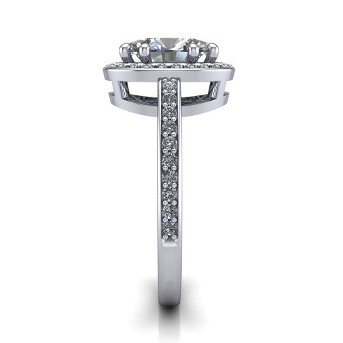 Skye oval halo engagement ring in 14K White Gold, side profile showing the pav&eacute;-lined under-basket and the diamonds running down the shank