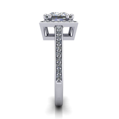 Skye princess halo engagement ring in Platinum, side profile showing the pav&eacute;-lined under-basket and the diamonds running down the shank
