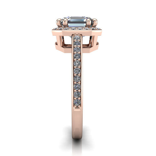 Skye asscher halo engagement ring in 18K Rose Gold, side profile showing the pav&eacute;-lined under-basket and the diamonds running down the shank