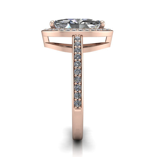 Skye marquise halo engagement ring in 14K Rose Gold, side profile showing the pav&eacute;-lined under-basket and the diamonds running down the shank