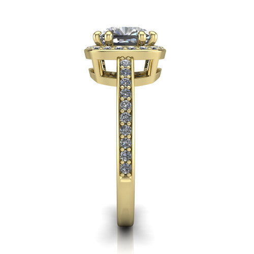 Skye cushion halo engagement ring in 18K Yellow Gold, side profile showing the pav&eacute;-lined under-basket and the diamonds running down the shank