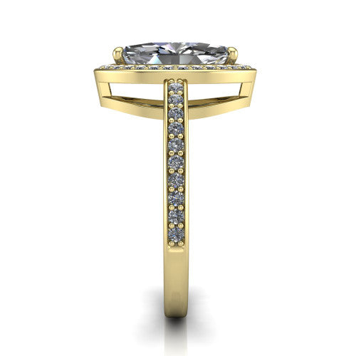 Skye marquise halo engagement ring in 14K Yellow Gold, side profile showing the pav&eacute;-lined under-basket and the diamonds running down the shank