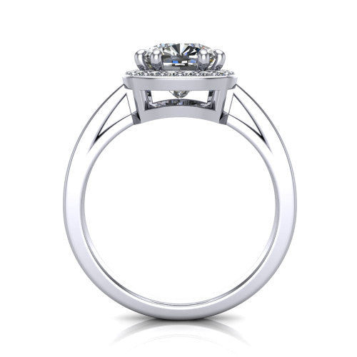 Skye cushion halo engagement ring in 18K White Gold, through-finger front profile showing the halo head raised above the pav&eacute; band