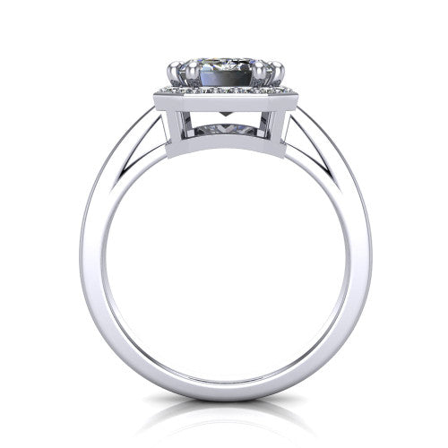 Skye emerald halo engagement ring in Platinum, through-finger front profile showing the halo head raised above the pav&eacute; band