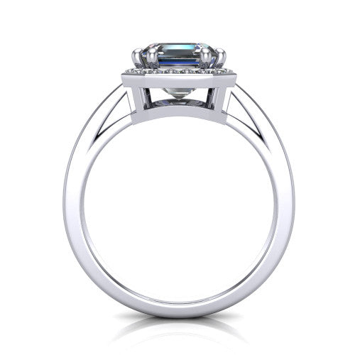 Skye asscher halo engagement ring in Platinum, through-finger front profile showing the halo head raised above the pav&eacute; band