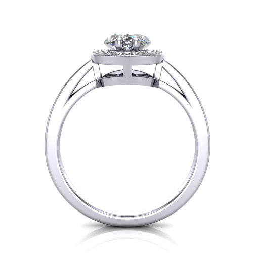 Skye marquise halo engagement ring in Platinum, through-finger front profile showing the halo head raised above the pav&eacute; band
