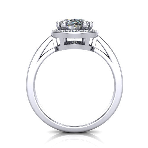 Skye oval halo engagement ring in 18K White Gold, through-finger front profile showing the halo head raised above the pav&eacute; band