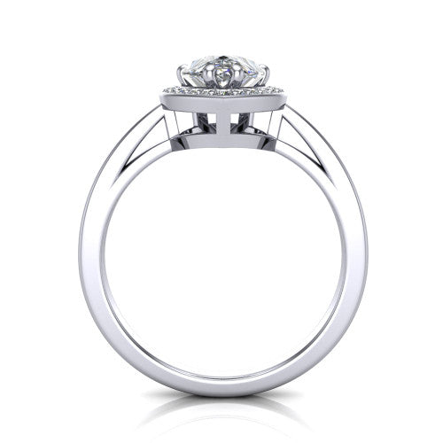 Skye pear halo engagement ring in 18K White Gold, through-finger front profile showing the halo head raised above the pav&eacute; band