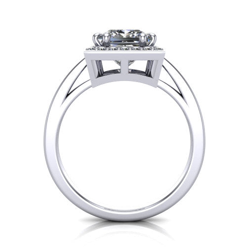 Skye princess halo engagement ring in Platinum, through-finger front profile showing the halo head raised above the pav&eacute; band