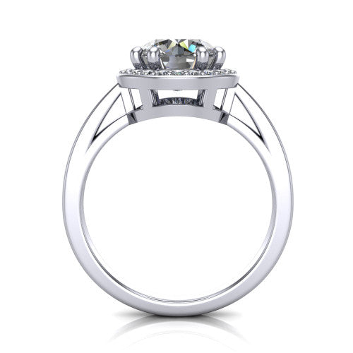Skye round halo engagement ring in 18K White Gold, through-finger front profile showing the halo head raised above the pav&eacute; band